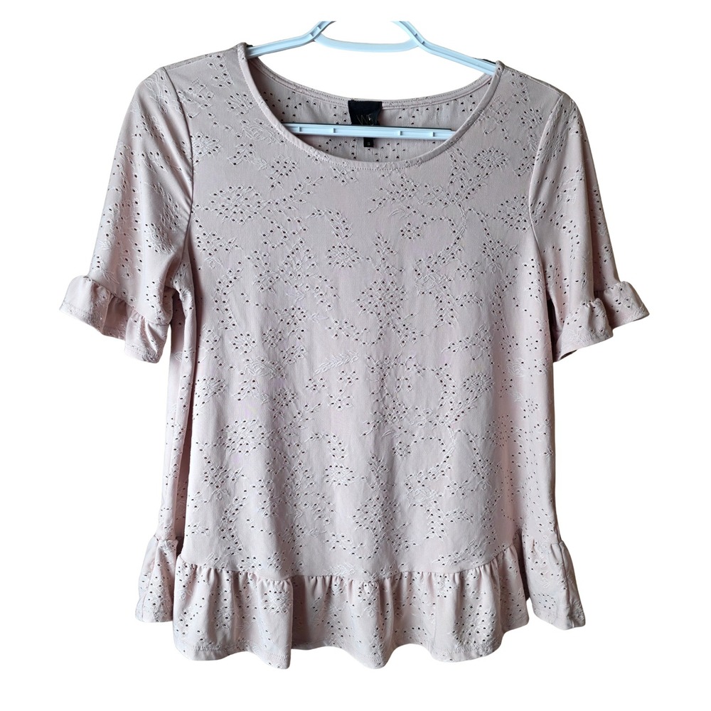 MSK Pink Eyelet Knit Peplum Blouse Women's Small Ruffle Sleeve Stretch Top